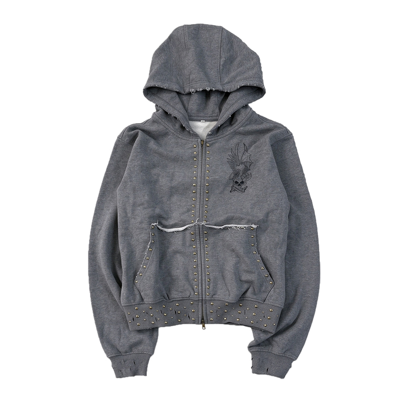 Luuucam Post-Apocalyptic Distressed Rivet Ripped Skull Wing Print Gray Hooded Zip-Up Sweatshirt Jacket
