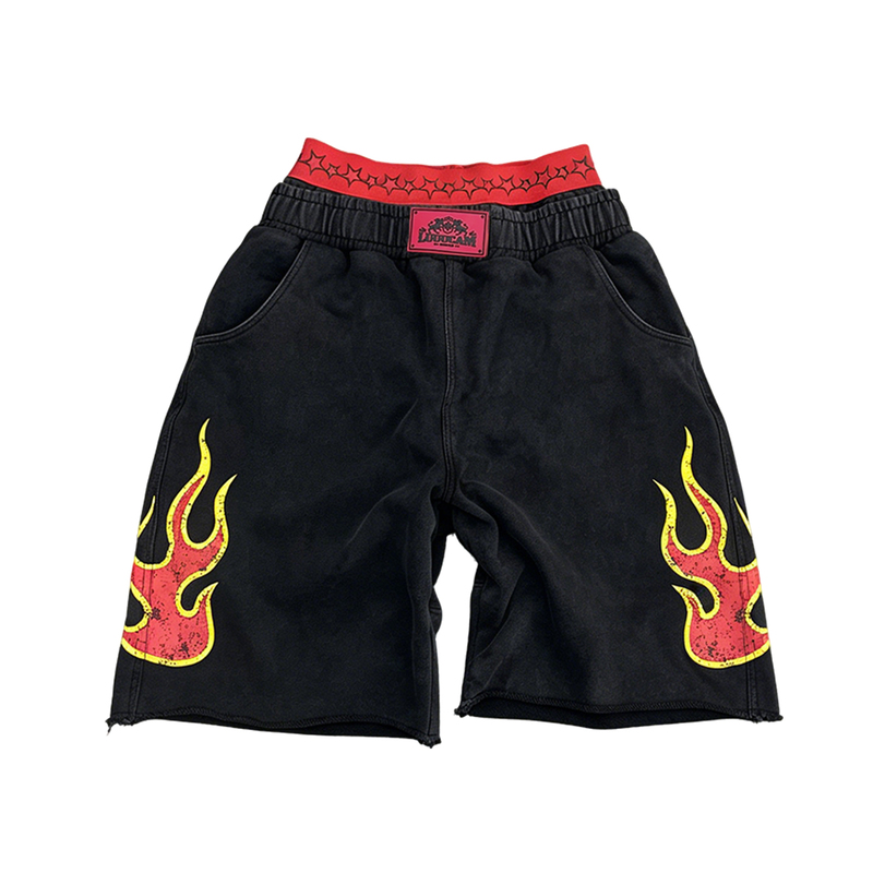 Luuucam Flame Star Boxing Patchwork Double-Waist Distressed Washed Cropped Shorts Loose Printed Street Boxy Sweatpants Luuucam Flame Star Boxing Patchwork Double-Waist Distressed Washed Cropped Shorts Loose Printed Street Boxy Sweatpants
