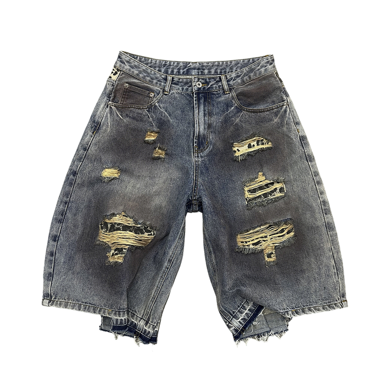 Luuucam Leopard Print Patchwork Ripped Denim Capri Pants Heavy-Duty Distressed Frayed Hem Washed Wide-Leg Shorts Luuucam Leopard Print Patchwork Ripped Denim Capri Pants Heavy-Duty Distressed Frayed Hem Washed Wide-Leg Shorts