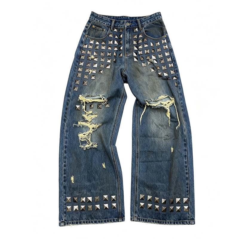 Luuucam Light Punk Heavy-Duty Rivet Ripped Straight-Leg Jeans Washed Vintage Y2K Retro Casual Long Pants