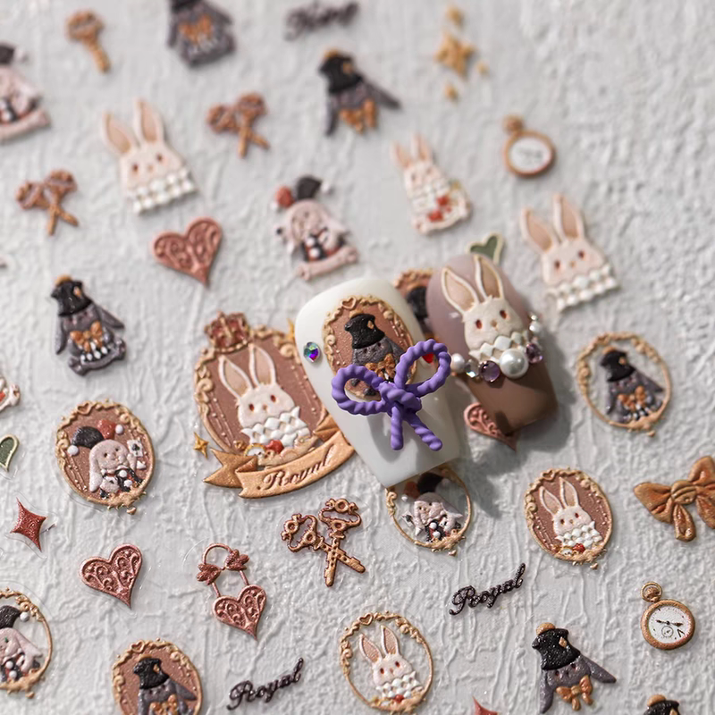 Popular Nail Art Embossed Stickers with the Same Design as the Trendy Ones, Featuring Cute 3D Bunny and Kitten Cartoon Designs with Adhesive Backing
