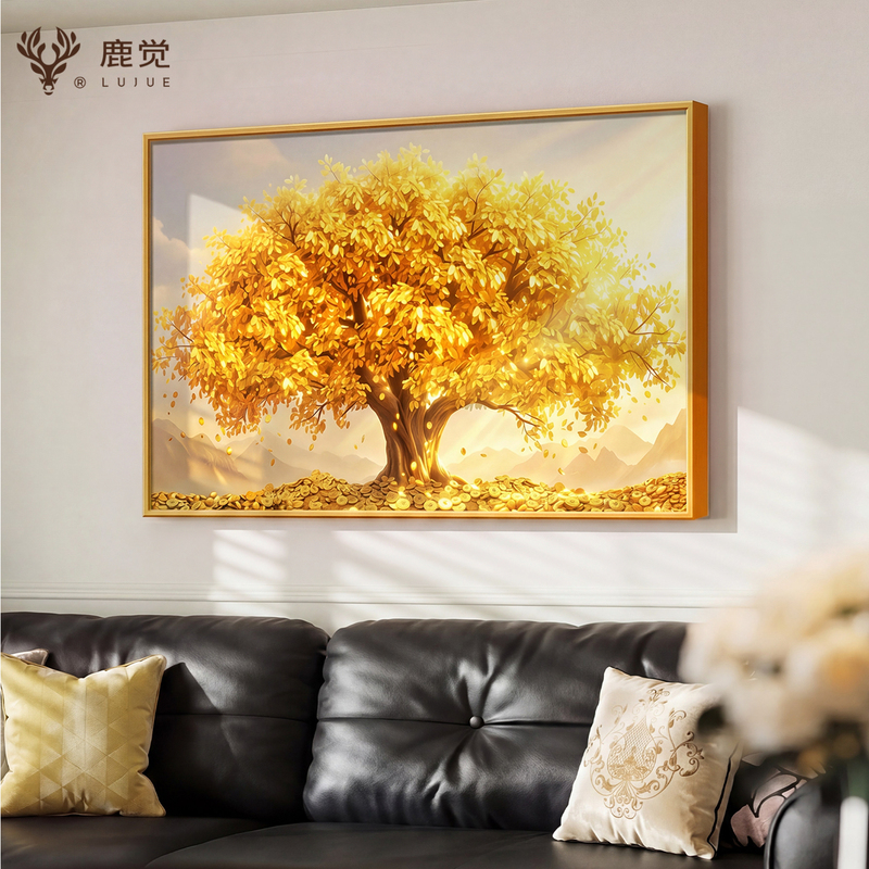 Money Tree Sofa Background Wall Hanging Painting, Gold All over the Floor, Living Room Decorative Painting, Light Luxury High-End Feel, West Wall Fortune-Attracting Wall Painting