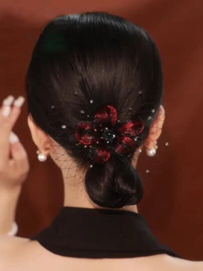 Elegant Red Hair Bun with Flower for Mother-In-Law, Suitable for Weddings, Banquets, High-End Cheongsam, Festive Occasions, and as a Hairpin for Mothers