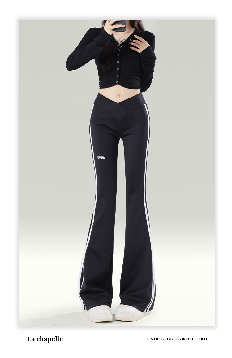 拉夏贝尔美式条纹黑色微喇卫裤女2025秋季三角腰设计感休闲喇叭裤详情13