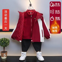 Childrens color-blocked jacket autumn and winter new style waterproof thickened removable velvet quilted warm hooded fashionable men and women