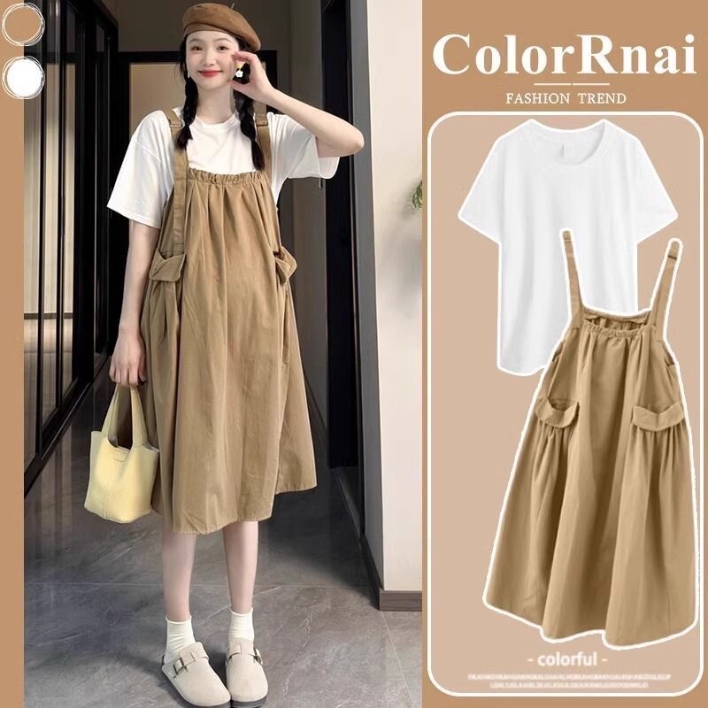 Trendy and Stylish Maternity Dress, New Summer Two-Piece Set, Suspender Dress, Short-Sleeved, Petite Size, Belly-Covering