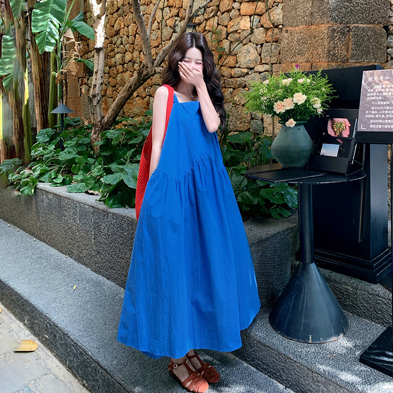 Royal Blue Dress for Women, Summer 2026 New Style, French Romantic Vacation Style, High-Waisted, Elegant Spaghetti Strap Long Dress Royal Blue Dress for Women, Summer 2026 New Style, French Romantic Vacation Style, High-Waisted, Elegant Spaghetti Strap Long Dress