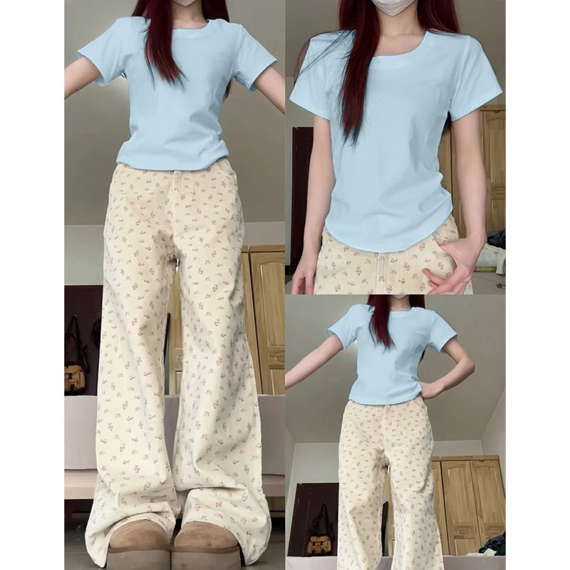 Blue Short-Sleeved Women's T-Shirt, Summer Short Light Blue Slim Fit Waist-Cinching Slimming Summer Top, Stunning Short Top in Milk Blue Blue Short-Sleeved Women's T-Shirt, Summer Short Light Blue Slim Fit Waist-Cinching Slimming Summer Top, Stunning Short Top in Milk Blue