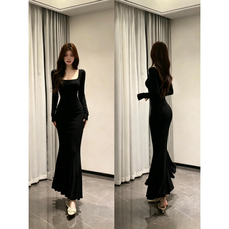 Black Fishtail Dress for Women, Autumn and Winter Long-Sleeved Knitted Bodycon Long Skirt, Tight-Fitting, Sexy, Mature and Elegant Style