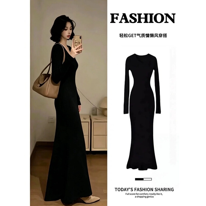 Black Bodycon Fishtail Knit Long-Sleeve Dress with Inner Slip, Birthday Dress for Women, Autumn Light Style, High-Waisted Outfit