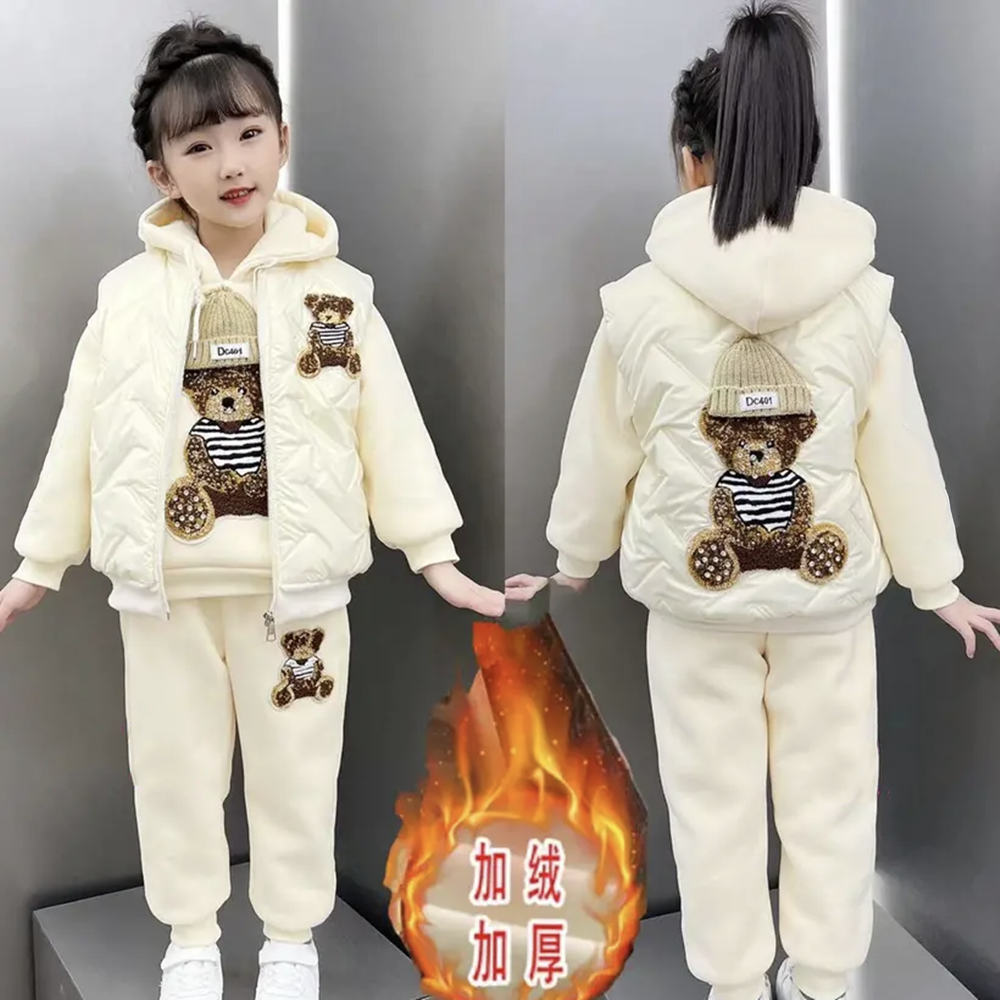 Костюм-тройка для девочек плюс бархатная одежда на позднюю осень и зиму, новинка 2024 года, модный детский утепленный зимний свитер большого размера для межсезонья