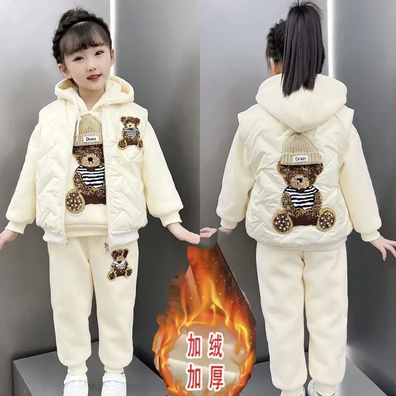 Girls' Three-Piece Suit with Fleece, Deep Autumn and Winter Clothing, 2024 New Style, Fashionable Thickened Winter Sweatshirt for Older Children, Off-Season