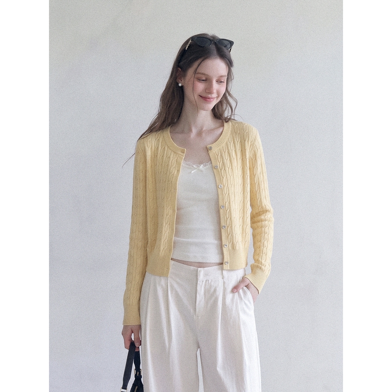 Lunamie Cream Yellow Cardigan for Women 2026 New Early Autumn Unique and Beautiful Knitted Top Long-Sleeved Jacket