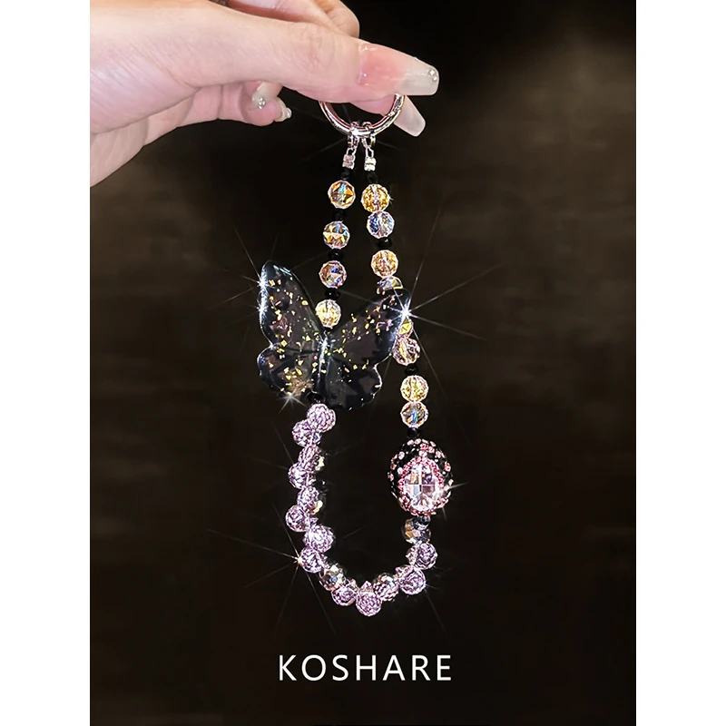 [Butterfly Dream]Summer Fresh Crossbody Phone Chain Lanyard Keychain with Sparkling Rhinestones, High-End Chain, Light Luxury Fashion Trend, Anti-Drop Bracelet Wristband Long Chain for Women, Gift, High Aesthetic Value, Trendy