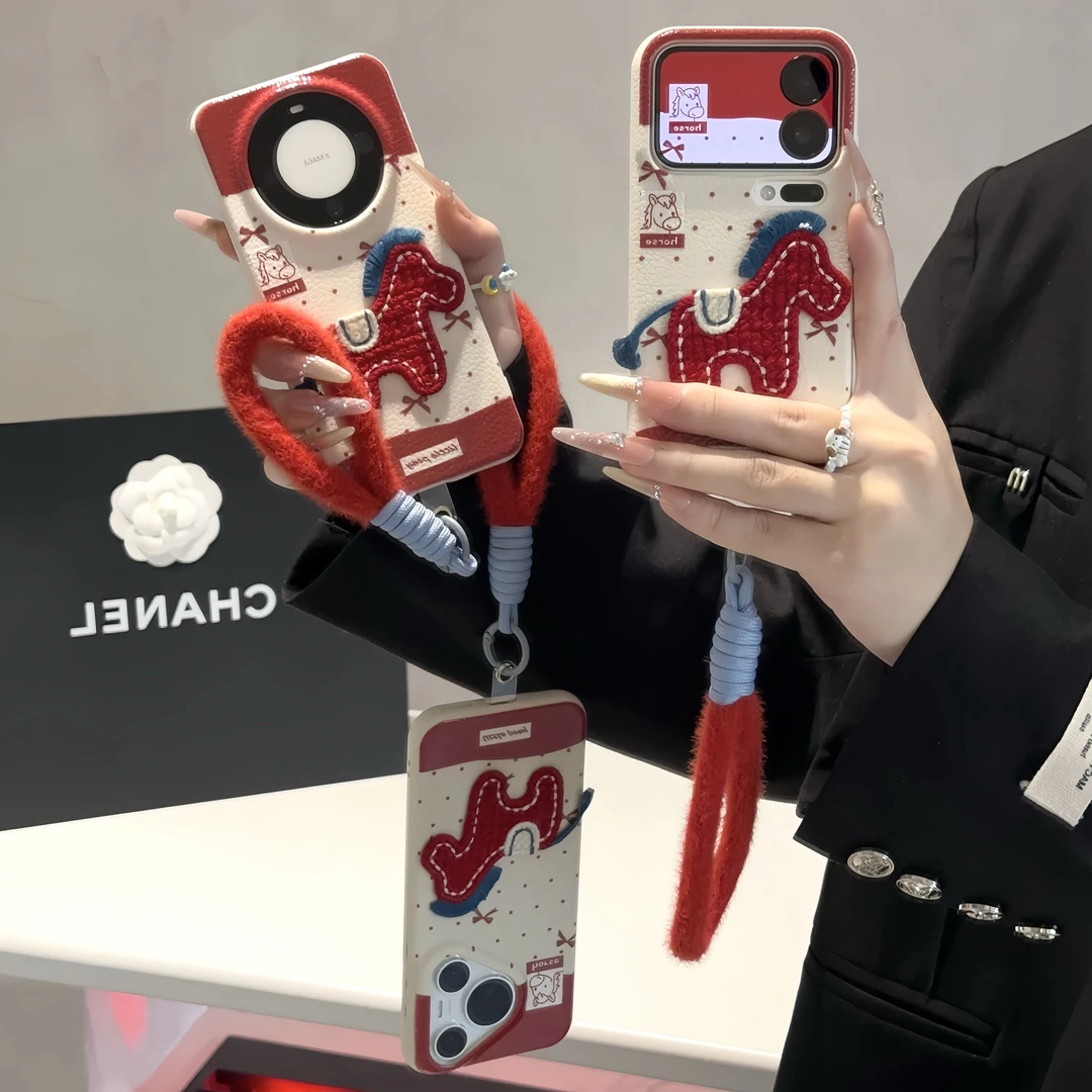 New Year Embroidered Pony Lanyard Suitable for Apple 17 Pro Max Phone Case, Huawei Mate 60 Pro New Model, Pura 70 Creative, Oppo Reno 14 Autumn and Winter, Vivo X300 Leather Texture, Xiaomi 17 for Women