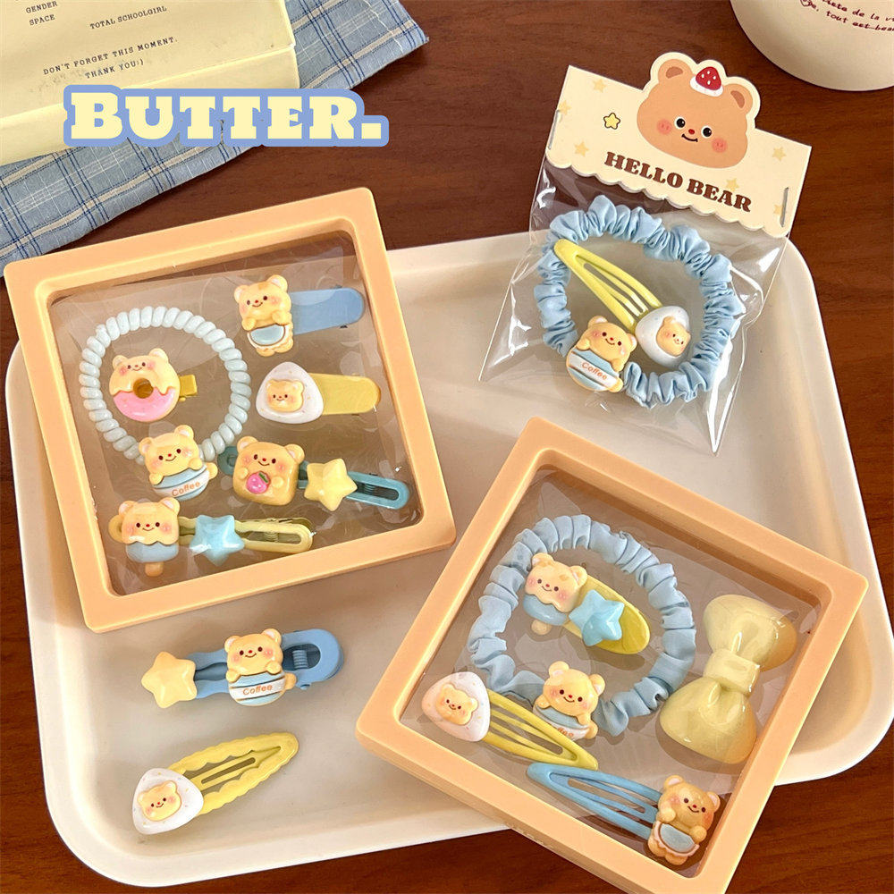 食颜派 卡子套组B黄油小熊组合 【可爱奶黄小熊系列 发饰组合 少女甜美 碎发刘海夹 高弹力发绳】