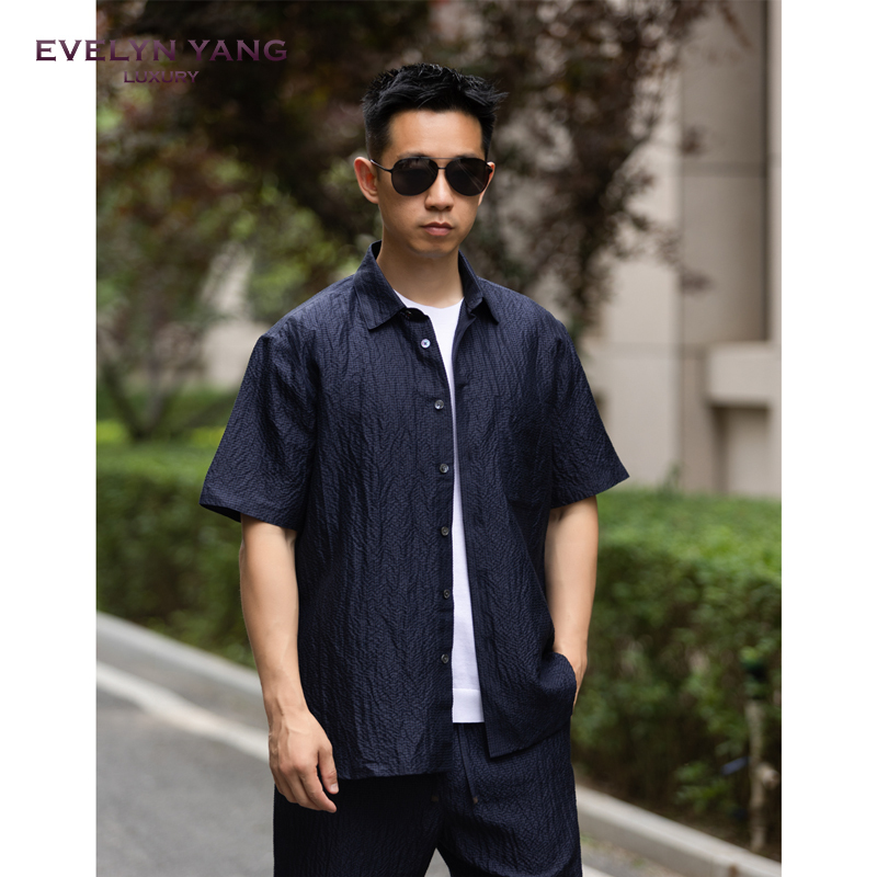 Evelyn Yang Summer Men's New Pd Seersucker Silk Linen Mulberry Silk Linen Silhouette Short-Sleeved Shirt