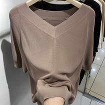 Ice silk knitted V-neck short-sleeved T-shirt for women 2024 summer new style loose slimming thin cool half-sleeved shirt top