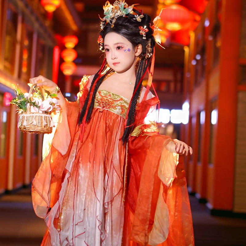 Girls' Hanfu Tang-Style Heavy Embroidery Koi Skirt and Large-Sleeved Shirt Set, Little Girl's Chinese-Style Gorgeous Carp Hanfu