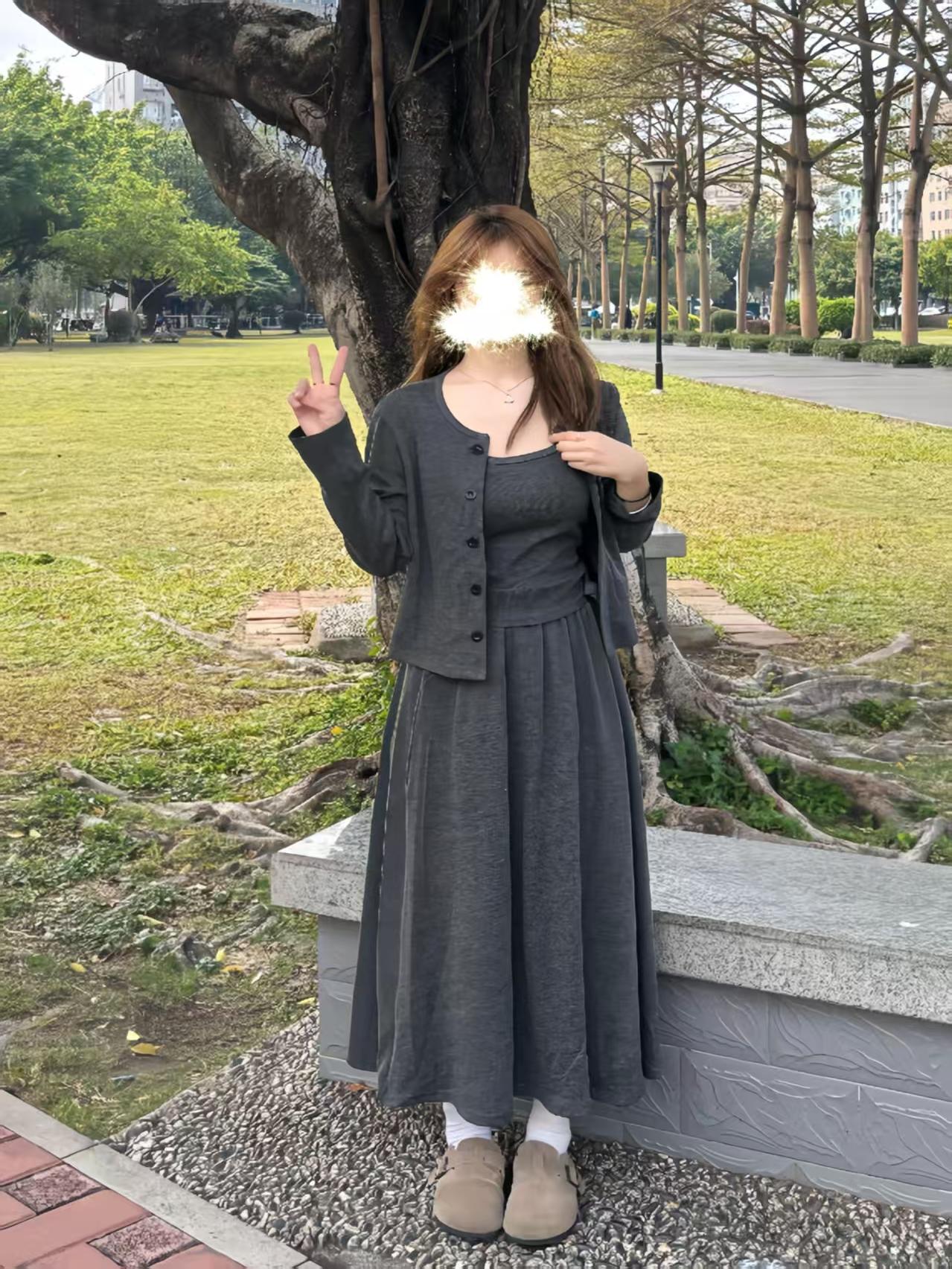 大码韩系气质针织开衫吊带半身裙三件套女春秋梨型身材显瘦小套装