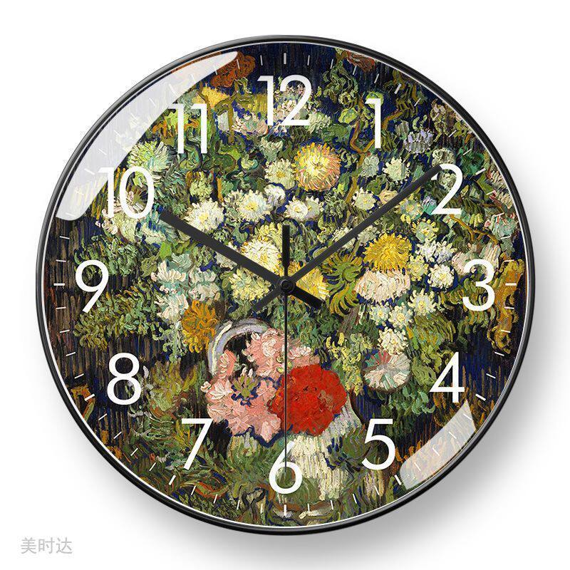 Van Gogh Oil Painting Wall Clock Quartz Clock Famous Painting of Almond Blossoms and Wheat Fields European and American Style Home Living Room Radio Clock Automatic Time Synchronization Clock