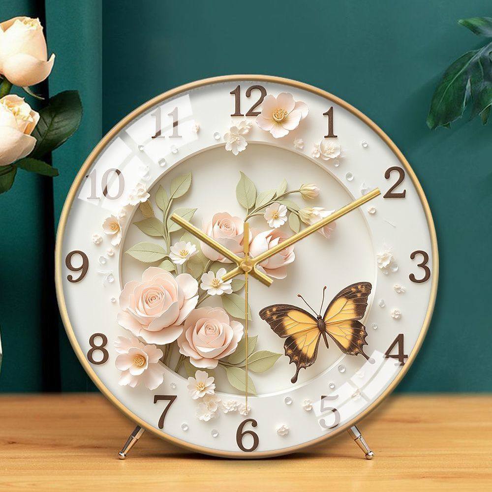 French-Style Butterfly Nordic Clock, High-Value Art Painting, Silent Bedroom and Living Room Creative Home Desk Clock, Quartz Clock