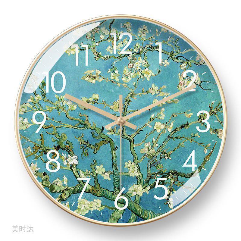 Van Gogh Oil Painting Wall Clock Quartz Clock Famous Painting of Almond Blossoms and Wheat Fields European and American Style Home Living Room Radio Clock Automatic Time Synchronization Clock