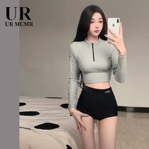 (URMCMR) Swimsuit Womens 2024 New Split High Waist Sports Long Sleeve Sun Protection Conservative Small Breast Covers Belly Looks Slim