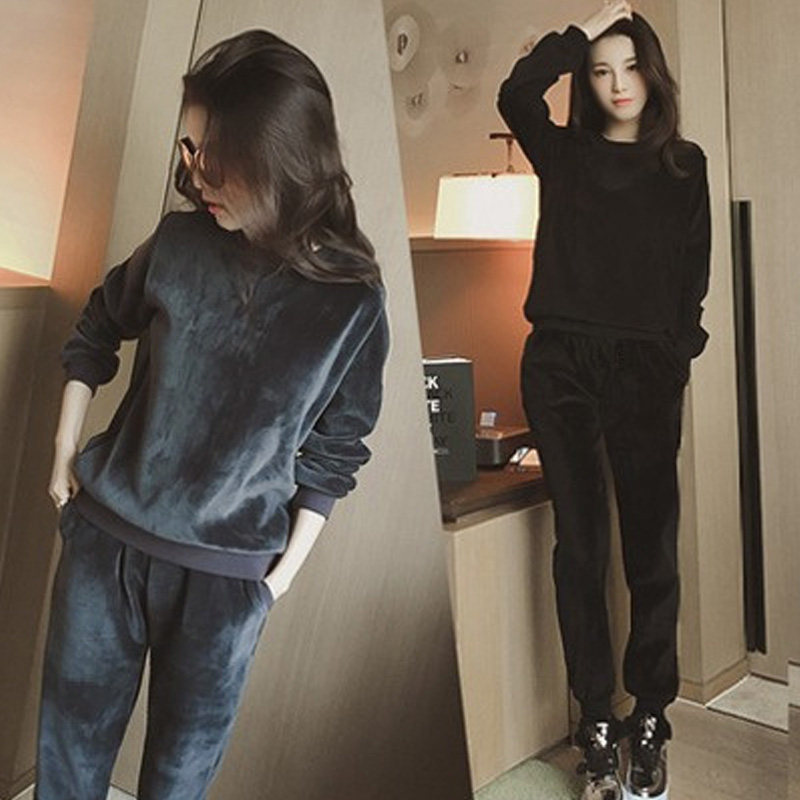 Gold velvet sports suit women's autumn and winter 2021 new fashion plus velvet thick loose sweater casual two-piece