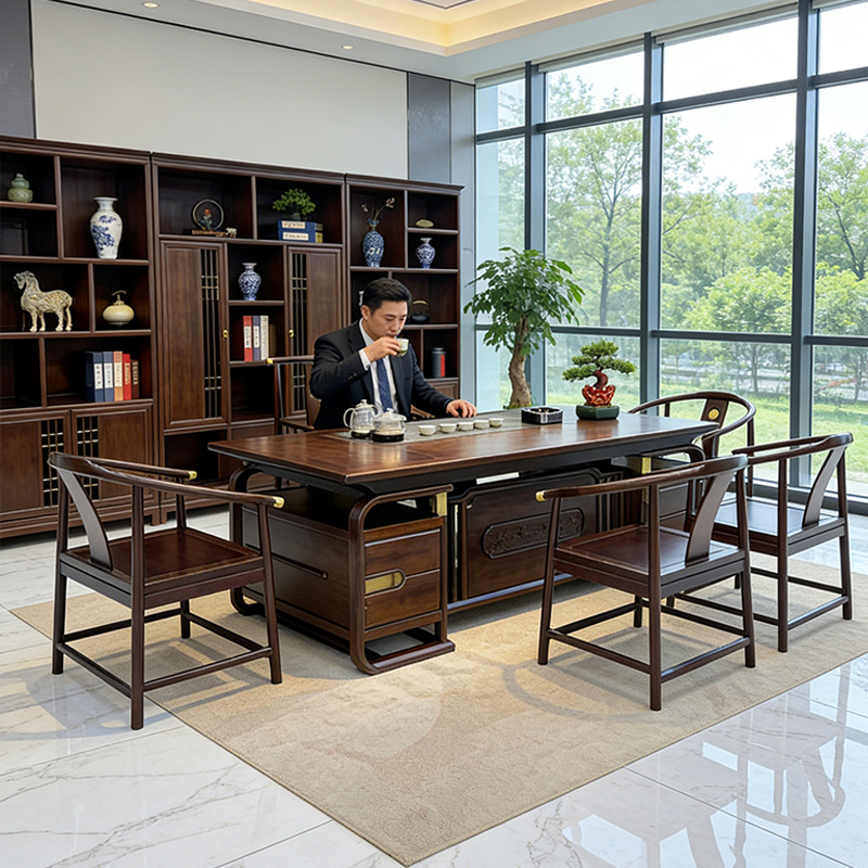 [Great Plan] Rosewood New Chinese Style Tea Table and Chair Set, One Table and Five Chairs, All Solid Wood Office Tea Brewing Table