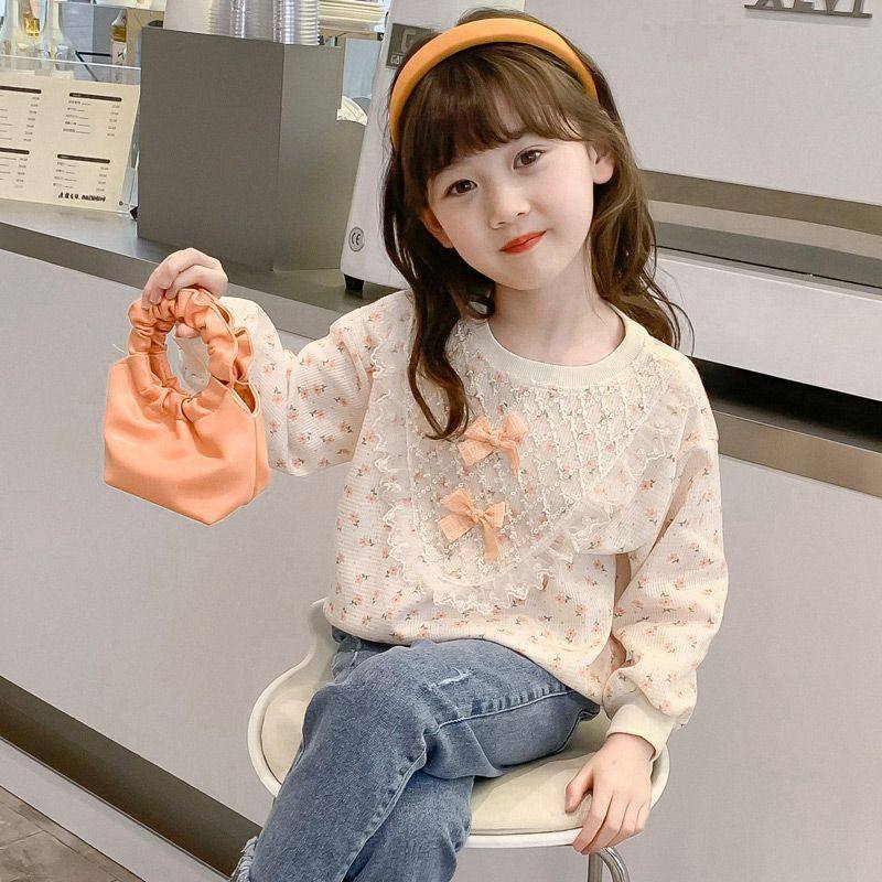 女の子用秋物スウェットシャツ 2026年新スタイル スタイリッシュな女の子用春秋セット 長袖 花柄 ゆったりトップス