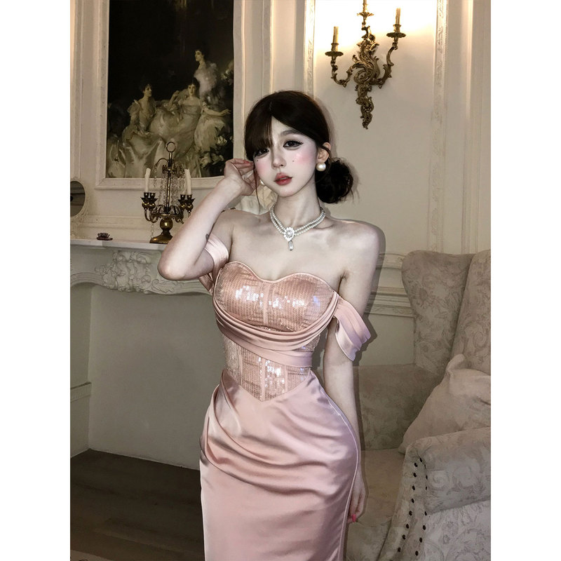 Cry Elegant Sequin Fishbone Strapless Dress for Women, Slimming Waist, Socialite Party Pink Off-Shoulder Long Dress