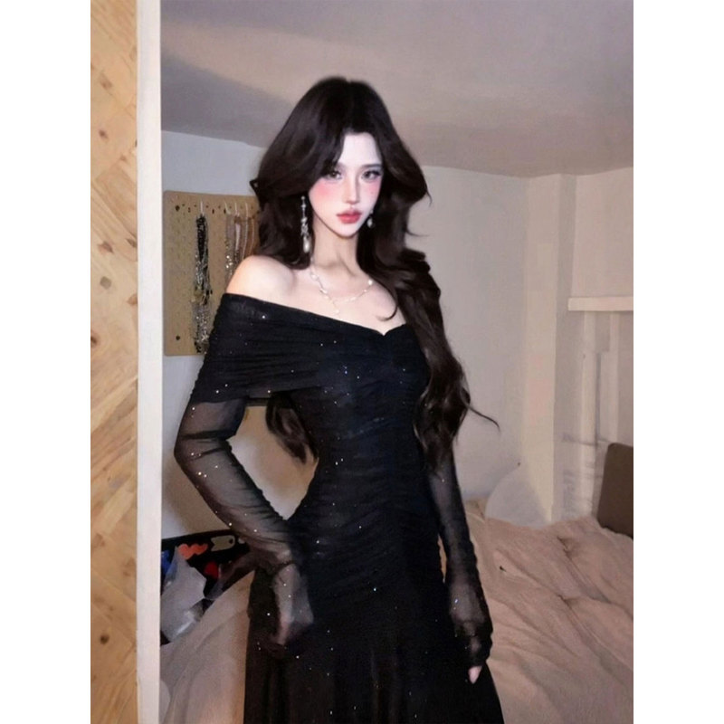 Cry Mature Style One-Shoulder Sequined Dress for Women, Black Long Dress, French Elegant Fishtail Long Dress Cry Mature Style One-Shoulder Sequined Dress for Women, Black Long Dress, French Elegant Fishtail Long Dress