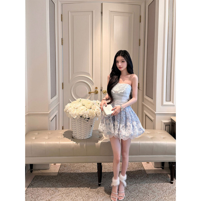 Cry Thousand Gold Style Strapless Puffy Sleeveless Dress for Women, Summer Heavy Embroidery Floral Mesh Short Dress, Elegant Girl's Gown