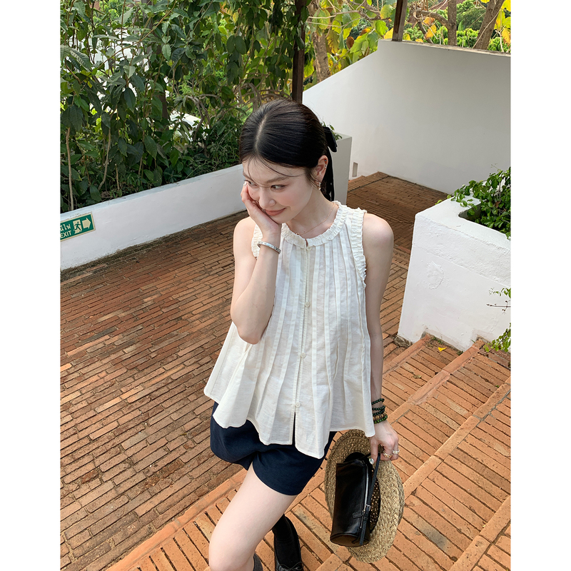 Hamyiho Jennie Style Sweet Ruffled Linen Old Money Sleeveless Vest Shirt for Women 2026 New Summer Model Hamyiho Jennie Style Sweet Ruffled Linen Old Money Sleeveless Vest Shirt for Women 2026 New Summer Model