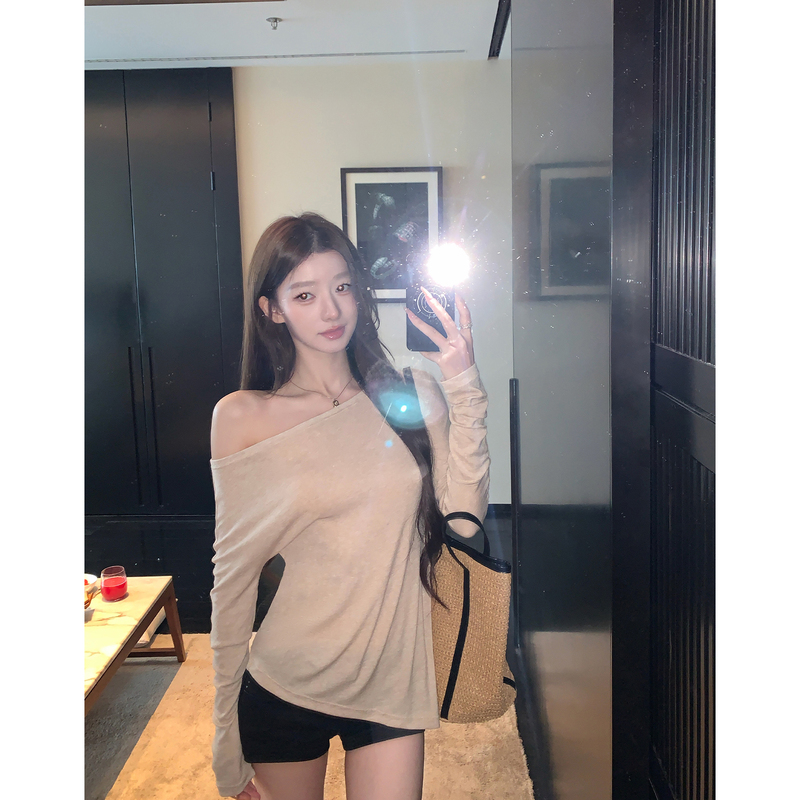 Hamyiho White Off-Shoulder Long-Sleeve Top Lyocell Tencel Wool Asymmetrical Neckline T-Shirt Women's Autumn Off-Shoulder Base Shirt