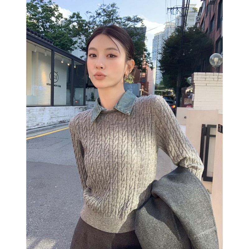 Hamyiho Miu Series Preppy Style Detachable Polo Collar Long-Sleeved Knitwear for Women Autumn and Winter Design Cable Knit Sweater