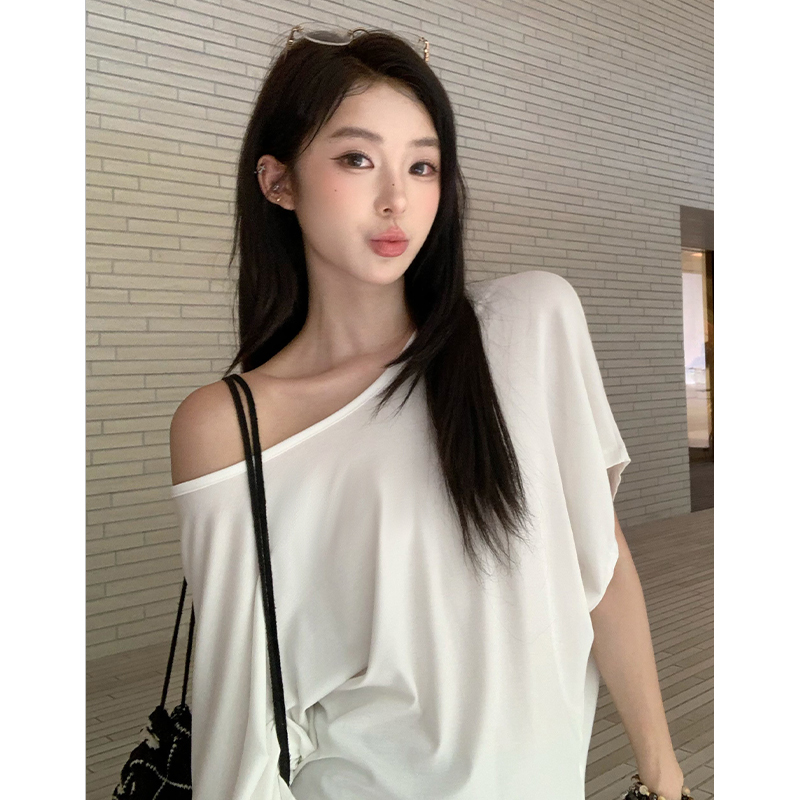 Hamyiho Lyocell Asymmetrical Neck Short Sleeve T-Shirt for Women 2026 Summer New Thin Style Inner Layer Asymmetrical Shoulder Loose Top