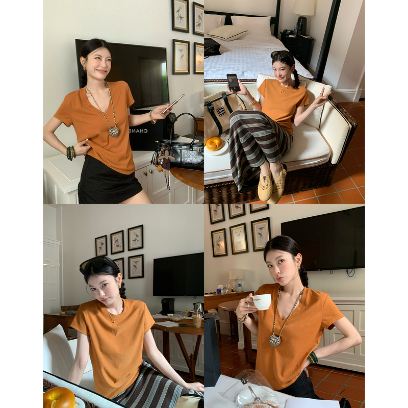 Hamyiho V-Neck Orange Top Snowflake Cotton Orange Short-Sleeved T-Shirt for Women Summer 2026 New Round Neck Loose Korean Style Hamyiho V-Neck Orange Top Snowflake Cotton Orange Short-Sleeved T-Shirt for Women Summer 2026 New Round Neck Loose Korean Style