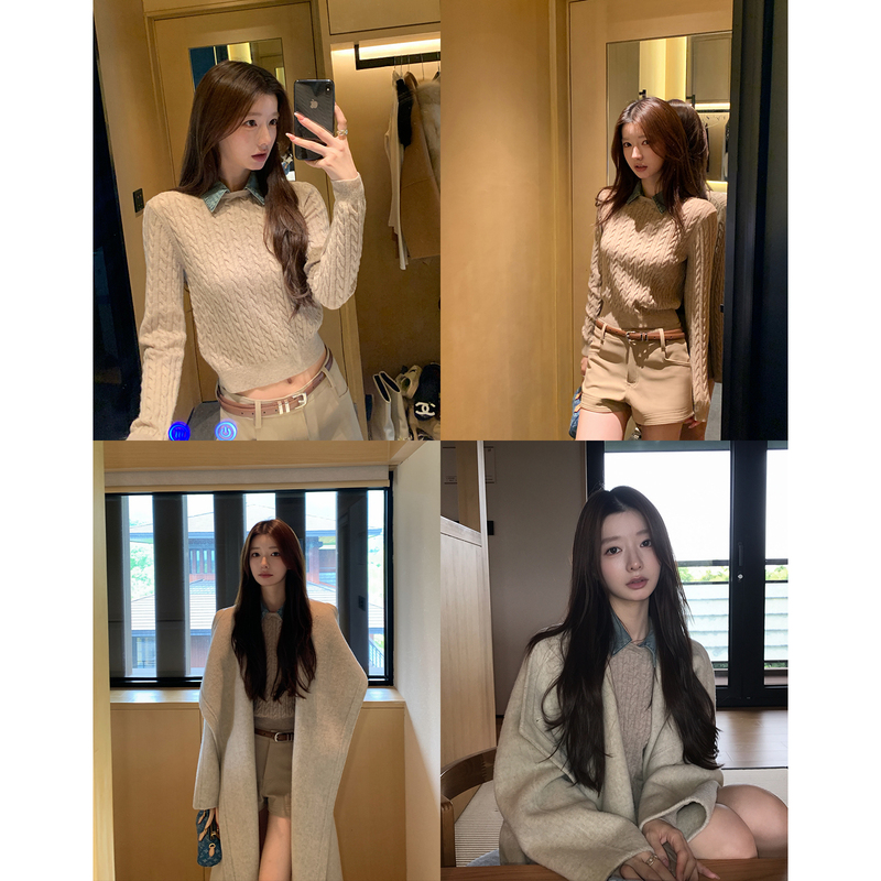Hamyiho Preppy Style Miu Series Polo Collar Cable Knit Sweater for Women, Autumn and Winter Design Long-Sleeve Knit Top Hamyiho Preppy Style Miu Series Polo Collar Cable Knit Sweater for Women, Autumn and Winter Design Long-Sleeve Knit Top