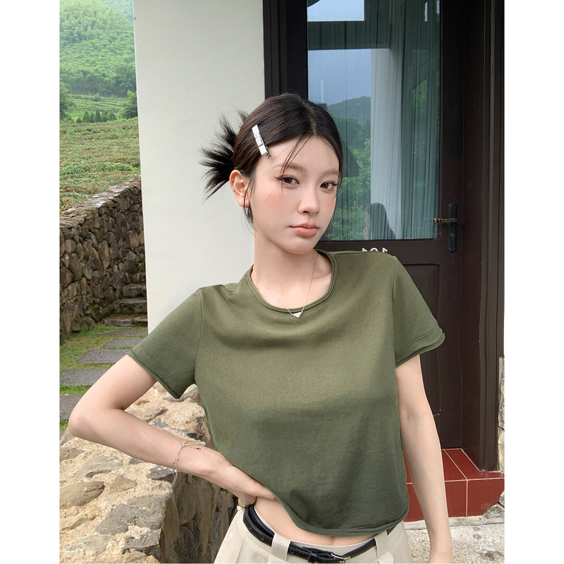 Hamyiho Round Neck Short Regular Shoulder Short-Sleeved T-Shirt for Women, Summer Top 2026 New Style, Relaxed Basic T-Shirt
