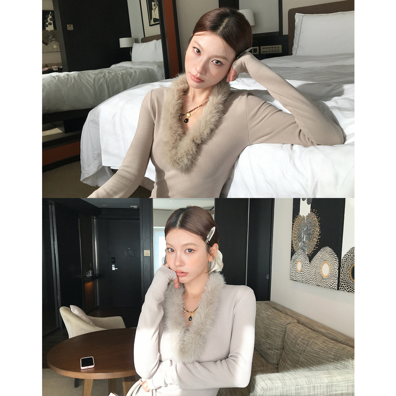 Hamyiho Women's Fur Collar Top Winter Knit Sweater Slim Fit Sweater Fur Base Shirt with Unique Design Hamyiho Women's Fur Collar Top Winter Knit Sweater Slim Fit Sweater Fur Base Shirt with Unique Design