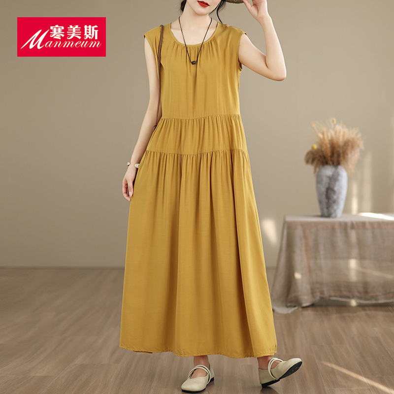 2025 Summer New Cotton Silk Dress for Women, Loose Plus Size Sleeveless Tank Dress, Fashionable and Stylish Long Skirt with a Wide Hem