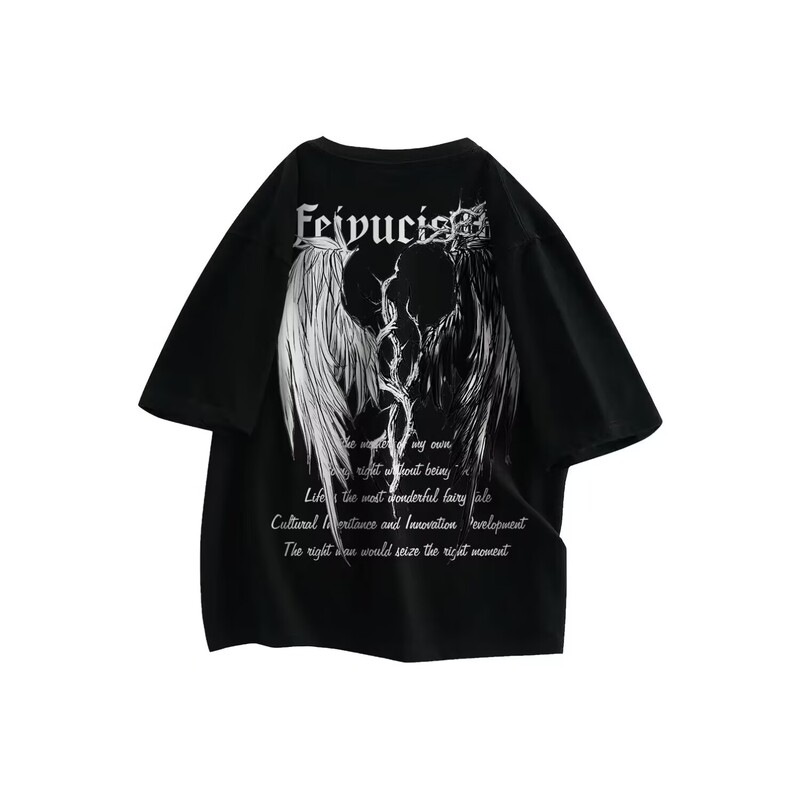 American Retro High Street Angel Pure Color Devil Letter Print Gothic Pure Cotton Men's and Women's Loose Short-Sleeved T-Shirt Top