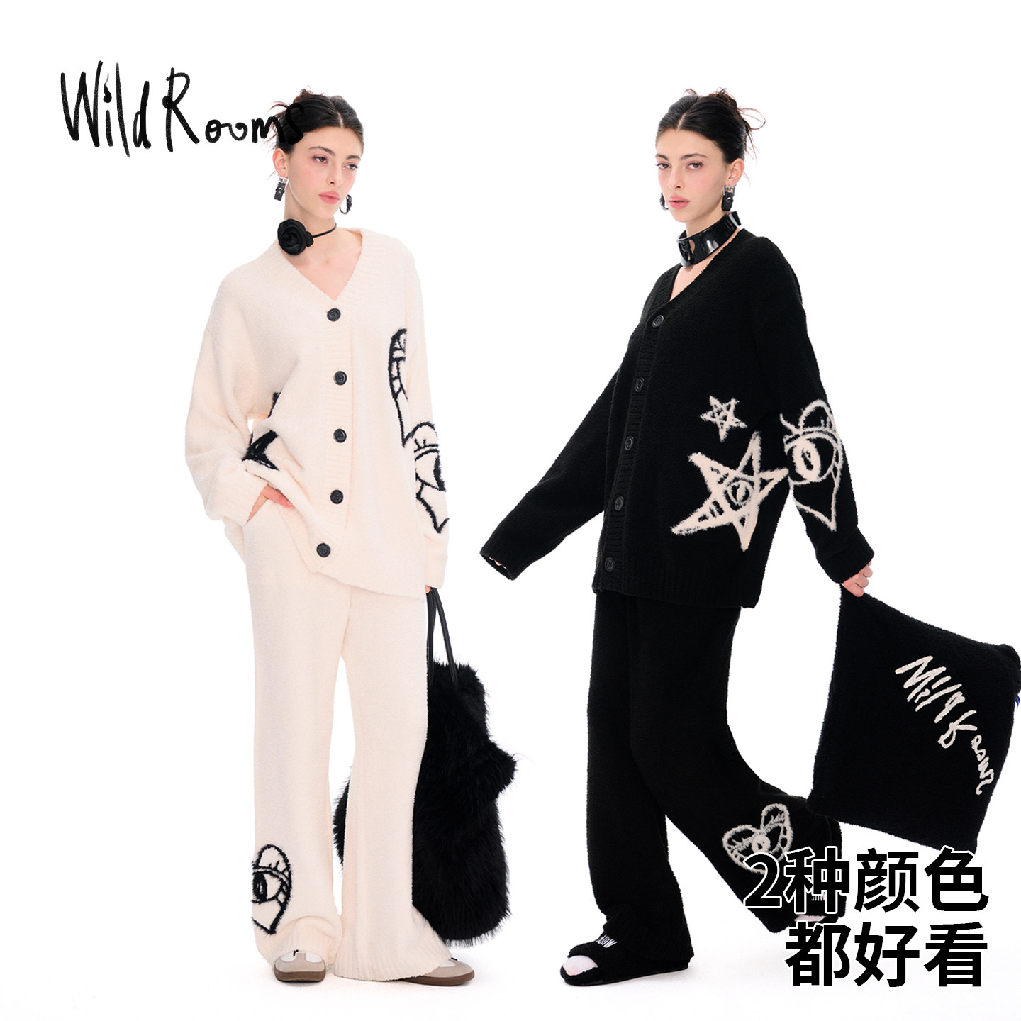 Wildrooms Home Wear Women's Winter, Spring, and Autumn Celebrity-Style Fashionable Loose-Fitting Warm Half-Velvet Pajama Set