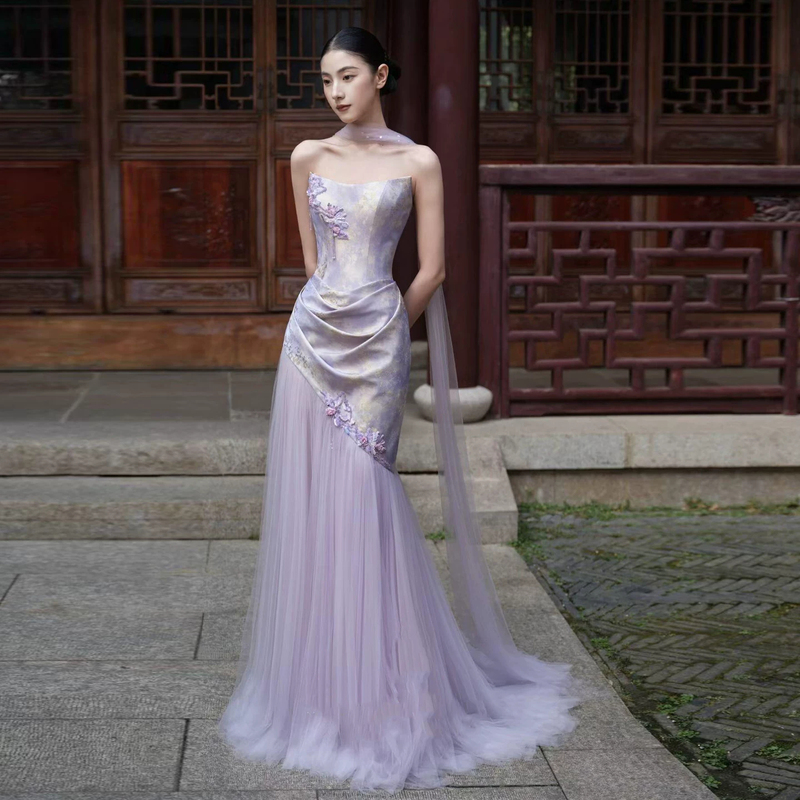 New Chinese-Style Purple Bridal Robe for Women, 2026 New Model, High-End Strapless Engagement Toast Evening Dress for Adult Ceremonies