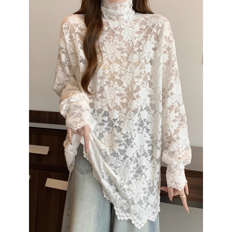 Plus-Size Women's High-Neck Hollow-Out Long-Sleeve Lace Top, 2025 Autumn and Winter Style, High-End Layered Inner Wear Base Shirt