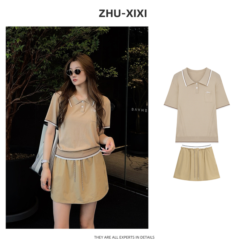 Zhu Xixi【Caramel Milk Coffee】Summer New Style Elegant Slimming High-End Polo Knit Shirt Fashion Set