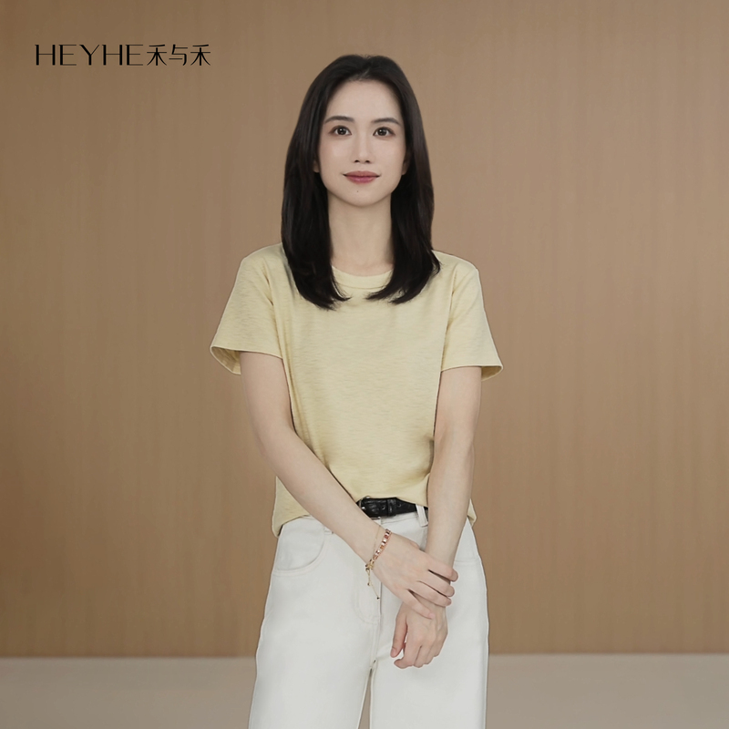 Xiaohe【Honeydew T】Lanjing Modal Mulberry Silk Xinjiang Long-Staple Cotton Bamboo Texture Yellow Short-Sleeve T-Shirt for Women Xiaohe【Honeydew T】Lanjing Modal Mulberry Silk Xinjiang Long-Staple Cotton Bamboo Texture Yellow Short-Sleeve T-Shirt for Women