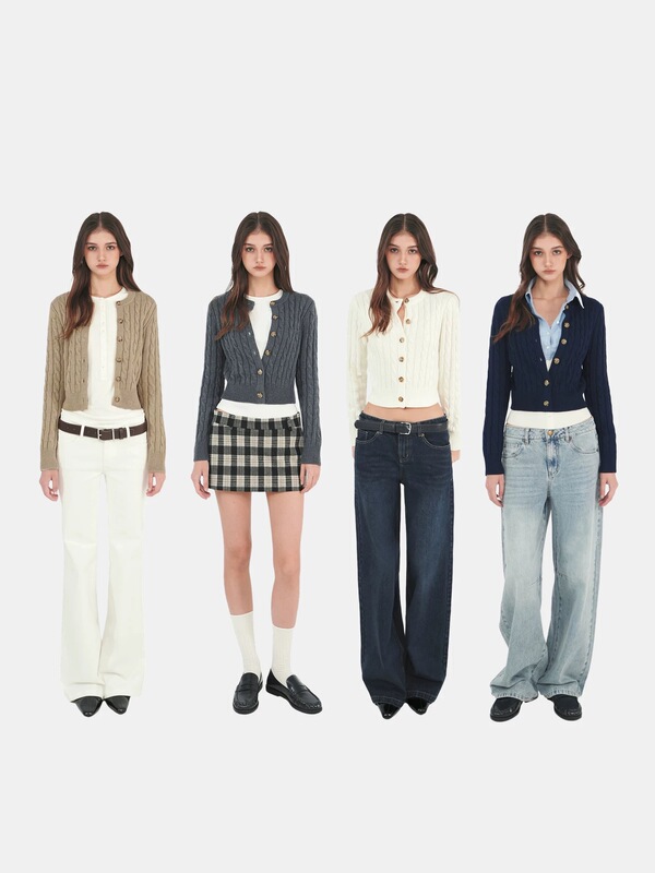 In-Stock Fast Delivery Jim Kennet Four-Color Wool Cable Knit Round-Neck Cardigan